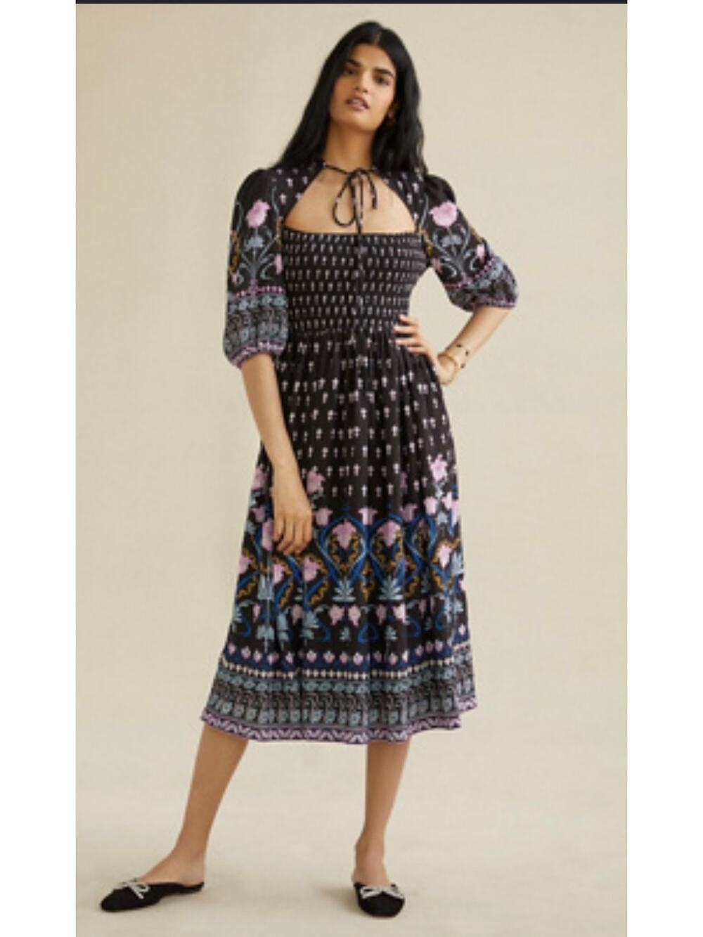 Anthropologie Dasha Smocked Midi Dress XS black floral flowers Dark Romantic EUC